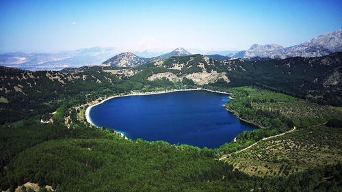 High angle view of bay against sky