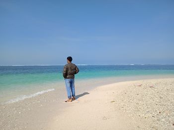 Full length rear view of man on beach against sky