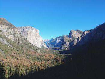 Scenic view of mountains against clear blue sky