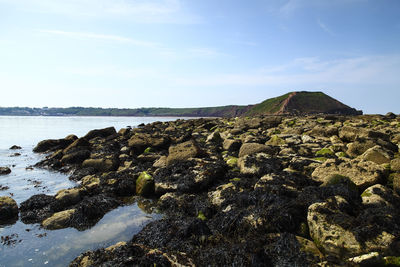 Scenic view of rocks on beach against sky