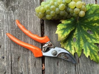 High angle view of pliers and grapes on wooden plank