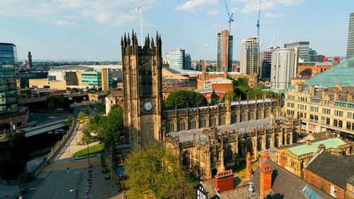 High angle view of buildings in city