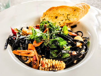 High angle view of breakfast served on table