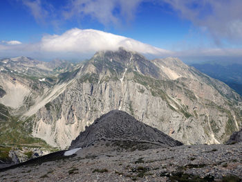 Aerial view of snowcapped mountains against sky