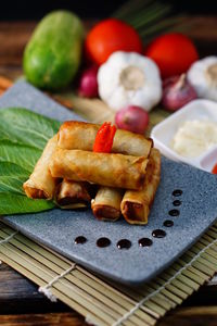 High angle view of dessert in plate on table 'springroll