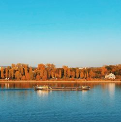 Scenic view of lake against clear blue sky