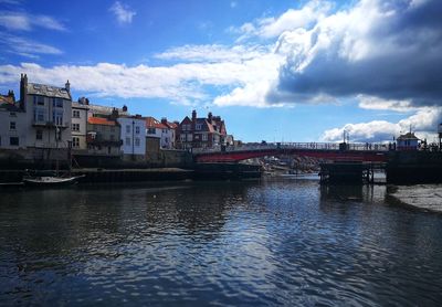 Buildings by river against sky in city
