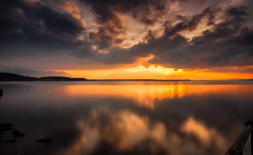 Scenic view of lake against sky during sunset