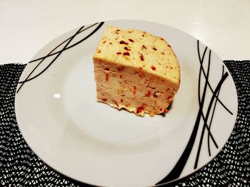 High angle view of cake in plate on table