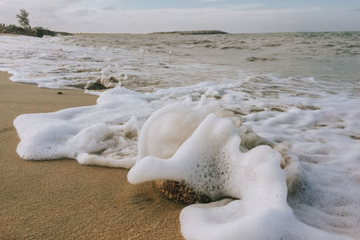 Close-up of sand on beach against sky