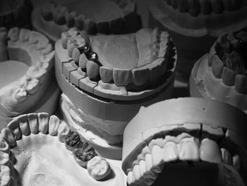 High angle view of dental molds on table