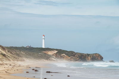 Lighthouse by sea against sky