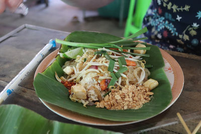 High angle view of food served on table