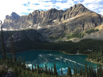 Scenic view of lake and mountains against sky