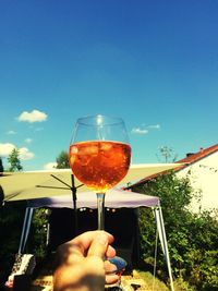 Close-up of hand holding wineglass against sky