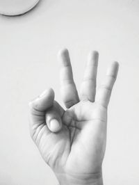 Close-up of human hand against white background
