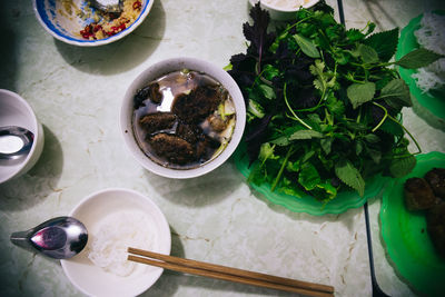 High angle view of food in plate on table