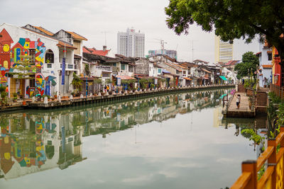 Reflection of buildings in river against sky