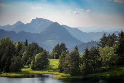 Scenic view of lake and mountains against sky