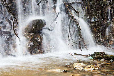 Rains expose tree roots in a small waterfall and drag garbage