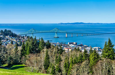 Scenic view of bay against clear blue sky