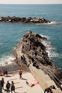 High angle view of people walking on shore