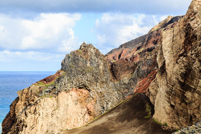 Scenic view of rocks by sea against sky