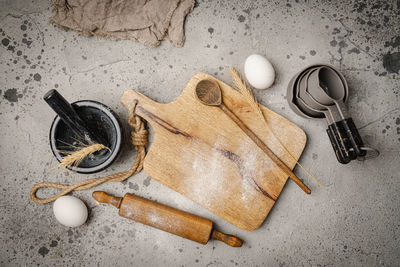 High angle view of equipment on table