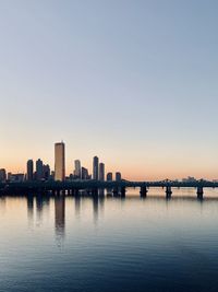 Scenic view of river by buildings against clear sky