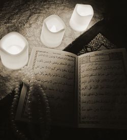 High angle view of open book on table