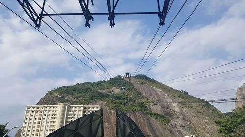 Low angle view of electricity pylon and buildings against sky