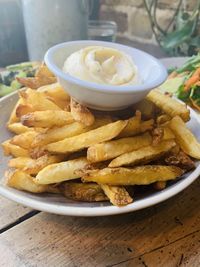 Close-up of food served in plate on table