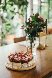 Red velvet cake on wooden table