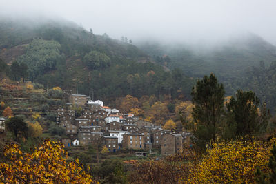 High angle view of trees and mountains during autumn