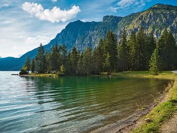 Scenic view of lake by trees against sky