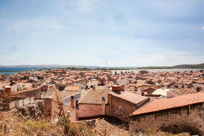 High angle view of buildings against sky