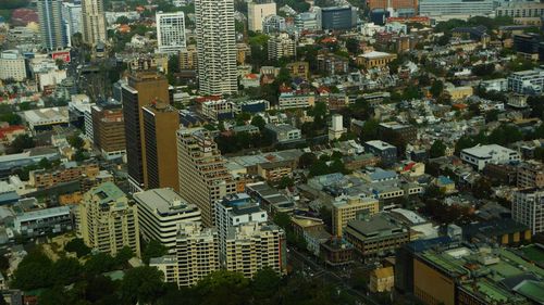 High angle view of modern buildings in city