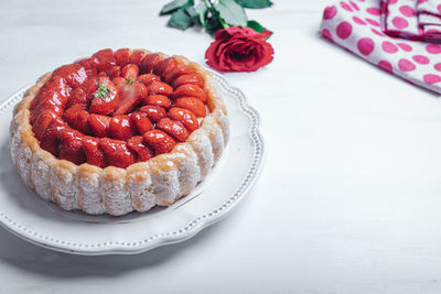 High angle view of cake in plate on table