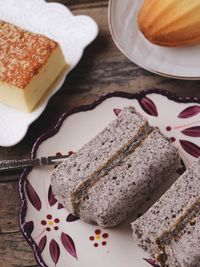 High angle view of cake in plate on table