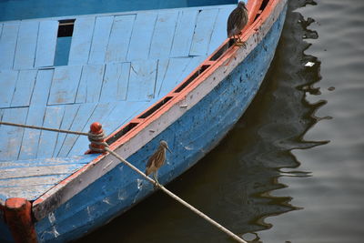 High angle view of man on boat moored at sea