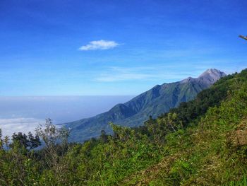 Scenic view of mountains against blue sky