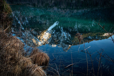 Reflection of snow covered mountains in lake