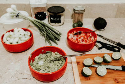 High angle view of breakfast on table