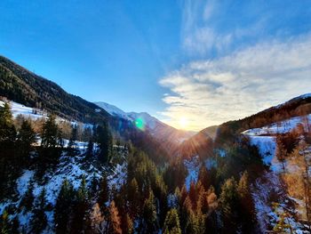 Panoramic view of trees and mountains against blue sky