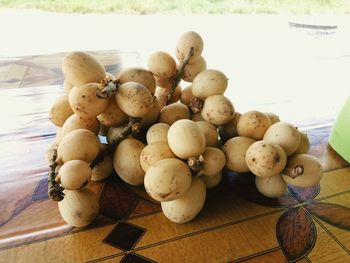 High angle view of mushrooms on table