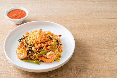 High angle view of food in plate on table