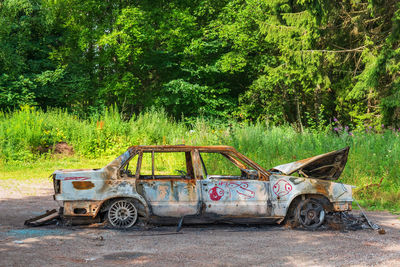 Burnt out car in the woodland