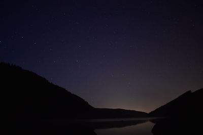 Scenic view of silhouette mountains against sky at night