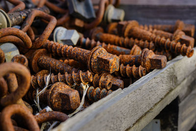 Close-up of rusty for sale at market