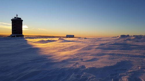 Scenic view of snow covered landscape during sunset